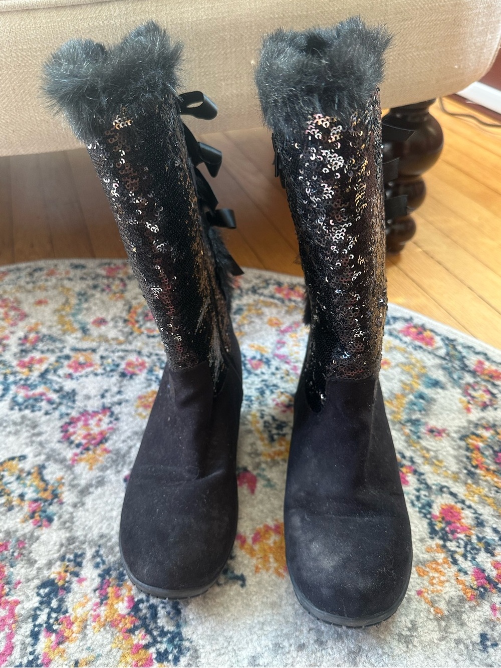 Black Sequin & Faux Fur Mid-Calf Women's Boots